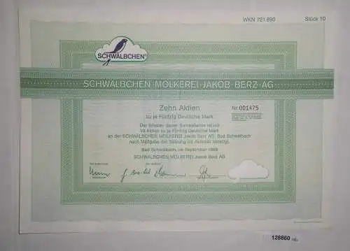 50 DM Zehn Aktien Schwälbchen Molkerei Jakob Berz AG Bad Schwalbach 1988 /128860