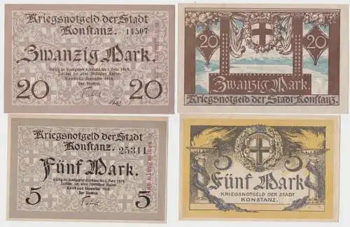 5 und 20 Mark Banknoten Großnotgeld Stadt Konstanz November 1918 (140047)