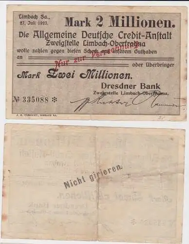 2 Millionen Mark Banknote allg. dt. Credit Anstalt Limbach 27.7.1923 (130346)