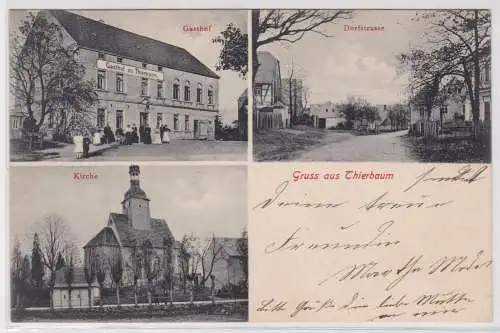 901055 Mehrbild Ak Gruß aus Thierbaum Gasthof, Kirche, Dorfstraße 1908