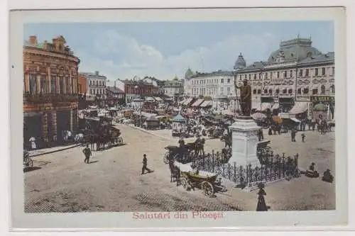 04761 Ak Grüße aus Ploiesti Rumänien - Marktplatz mit Denkmal um 1915
