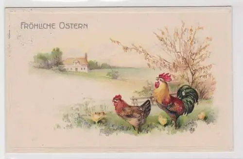 19597 Präge AK Fröhliche Ostern! Henne Hahn Kücken in Dorfidylle 1913