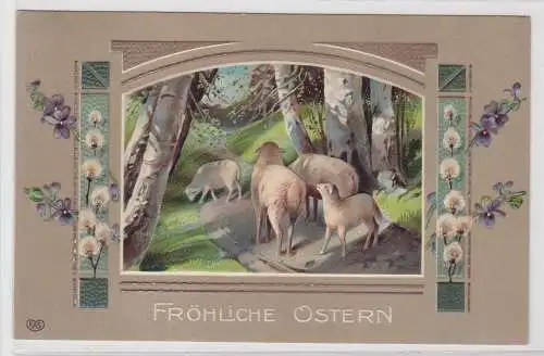 65621 Präge AK Frohe Ostern Schafe im Wald, Weidenkätzchen 1909
