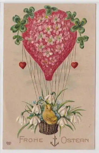 00863 Präge AK Frohe Ostern Kücken im Ballonkorb mit Schneeglöckchen 1908