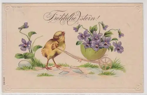 04433 Präge AK Fröhliche Ostern! Kücken mit Vergißmeinnichtschubkarre 1907