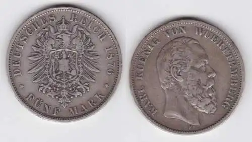 5 Mark Silbermünze Württemberg König Karl 1876 Jäger 173  (141783)