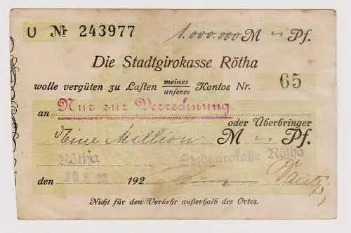 Firmenscheck 1 Million Mark Banknote Stadtgirokasse Rötha 10.8.1923 (120291)