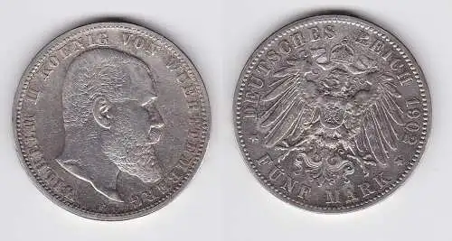 5 Mark Silbermünze Württemberg König Wilhelm II 1902 Jäger 176 ss (150093)