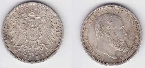 2 Mark Silbermünze Württemberg König Wilhelm II 1912 Jäger 174 vz (150779)