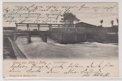 88554 Ak Gruß aus Stolp Słupsk in Pommern Lachsschleuse 1909