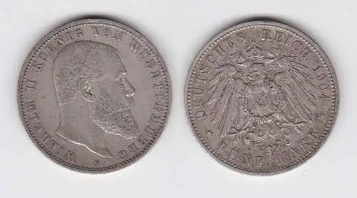 5 Mark Silbermünze Württemberg König Wilhelm II 1904 Jäger 176 ss (150090)