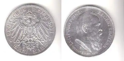 3 Mark Silbermünze Bayern Prinzregent Luitpold 1911 Jäger 49  (111497)