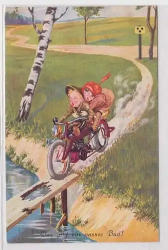 352179 Künstler Ak "Das gibt ein nasses Bad!" - 2 Kinder auf Motorrad um 1920