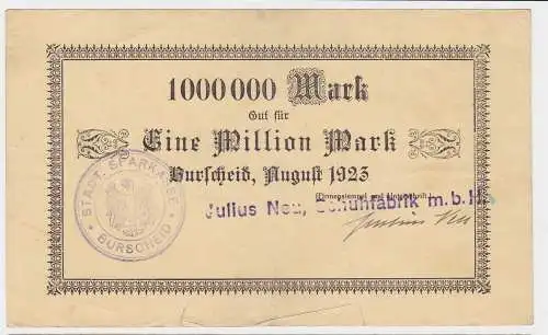 1 Million Mark Banknote Burscheid Julius Neu Schuhfabrik 1923 (122292)