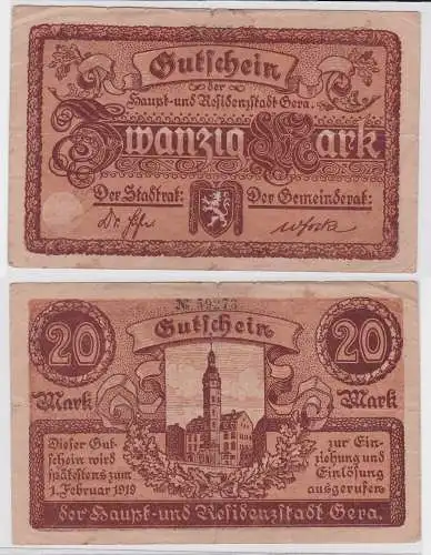 20 Mark Banknote Notgeld Residenzstadt Gera ohne Datum  (121782)