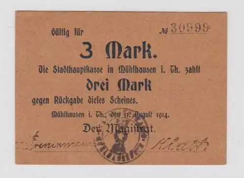 3 Mark Banknoten Notgeld Stadthauptkasse Mühlhausen in Thüringen 1914 (136727)