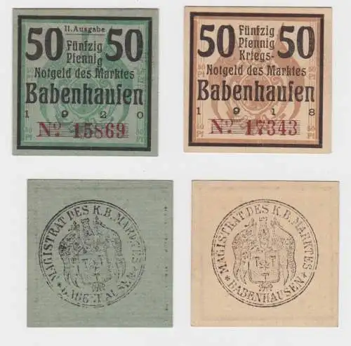 2 x 50 Pfennig Banknote Notgeld Markt Babenhausen 1918 (132458)