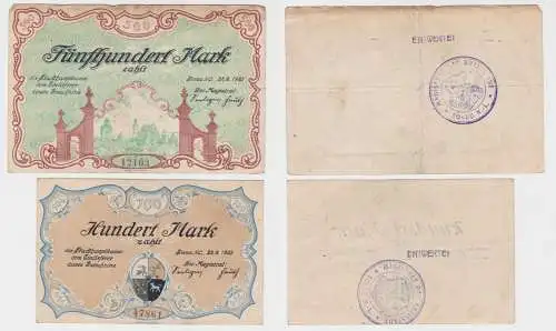 100 & 500 Mark Banknote Notgeld Stadt Sorau 22.9.1922 (134982)