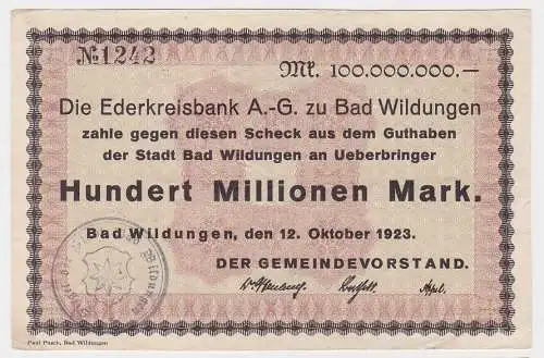 100 Millionen Mark Banknote Inflation Ederkreisbank Bad Wildungen 1923 (119209)