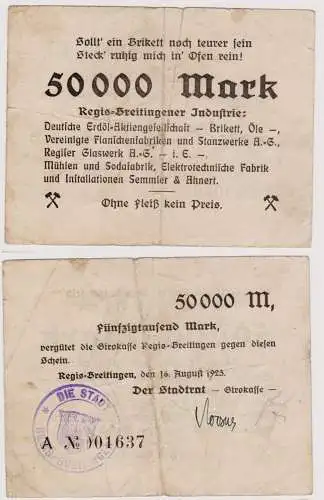 50000 Mark Banknote Regis Breitingener Industrie 16.8.1923 (120744)