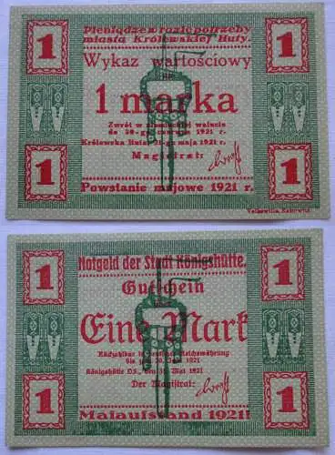 1 Mark Banknote Notgeld Stadt Königshütte Chorzów 1921 (105912)