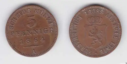 3 Pfennig Kupfer Münze Reuss ältere Linie 1864 A f.vz (139256)