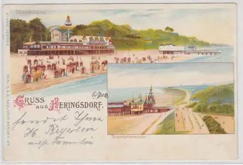 19207 Ak Lithographie Gruß aus Heringsdorf Strandpromenade und Strand 1902