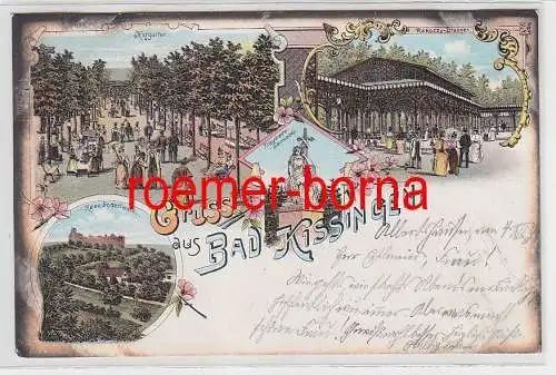 75957 Ak Lithografie Gruss aus Bad Kissingen Kurgarten, Rakoczy-Brunnen ua. 1898