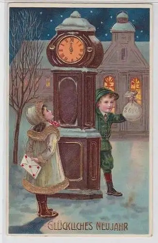 54158 Neujahrs Ak 2 Kinder mit Brief und Geldbeutel vor Uhr 1912