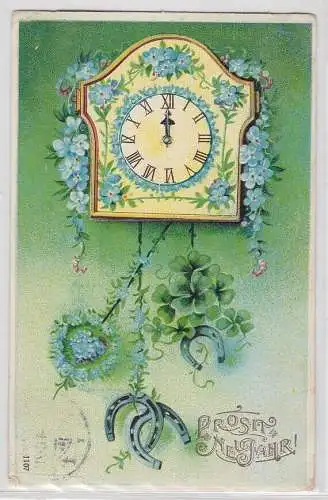 86272 Prosit Neujahr Präge Ak Uhr mit Vergißmeinnicht und Kleeblättern 1909