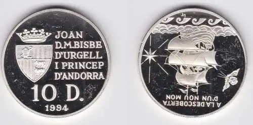 10 Diners Silber Münze Andorra 1994 Segelschiff PP (156360)