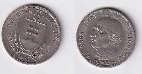 5 Kronen Nickel Münze Slowakei Andrej Hlinka 1939 ss+ (166896)