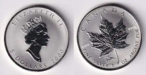 5 Dollar Silber Münze Kanada Meaple Leaf 2000 1 Unze Feinsilber (160024)