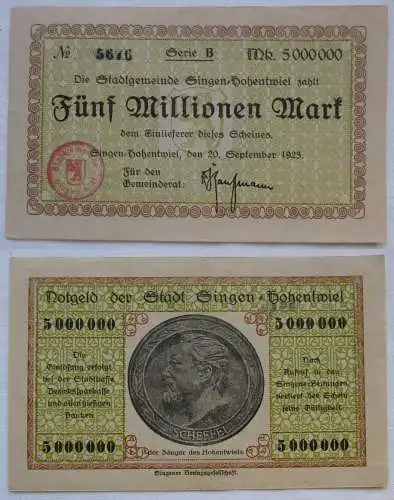 5 Millionen Mark Banknoten Inflation Stadt Singen Hohentwiel 20.9.1923 (165641)