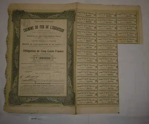 100 Francs Aktie Chemins de Fer de l'Équateur Paris 15. Juni 1909 (127351)