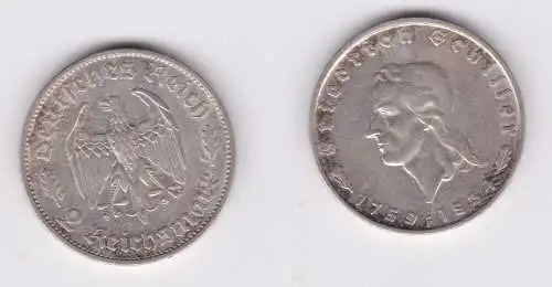 2 Mark Silber Münze Friedrich von Schiller 1934 F ss (155101)