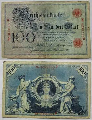 100 Mark Reichsbanknote Nr. 4088333 B Deutsches Reich 17.April 1903 (154003)