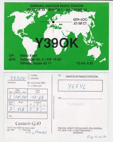 99348 QSL Karte Funker Funkamateur DDR Ettmarshausen mit Weltkarte 1990