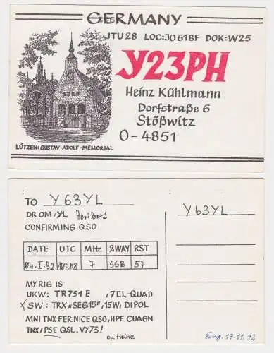 82684 QSL Karte Amateur Funker DDR Stößwitz Lützen Gustav Adolf Denkmal 1992