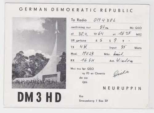 96415 QSL Karte Funker Funkamateur DDR Neuruppin Denkmal 1964