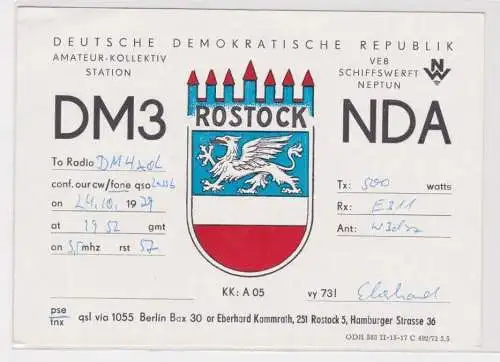 89668 QSL Karte Funker Funkamateur DDR Rostock VEB Schiffswerft Neptun 1979