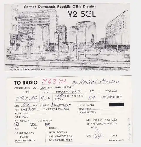 78350 QSL Karte Amateur Funker DDR Dresden Brunnen in der Prager Strasse 1989