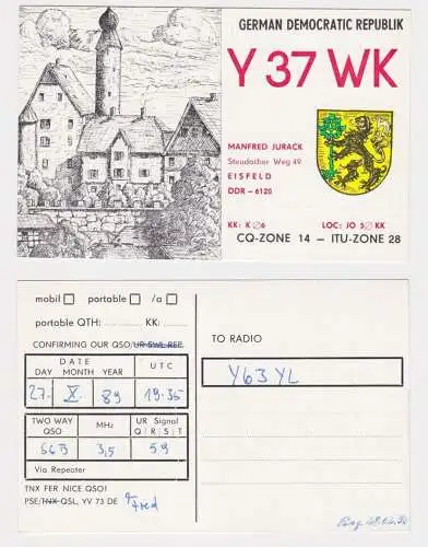 97347 QSL Karte Amateur Funker DDR Eisfeld Werra mit Stadtwappen 1989