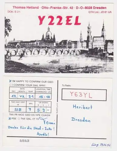 90219 QSL Karte Funker Funkamateur DDR Dresden historische Stadtansicht 1991