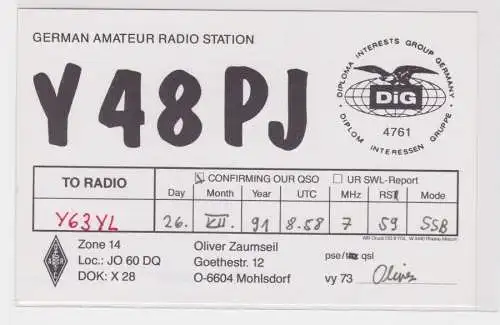 82421 QSL Karte Amateur Funker DDR Mohlsdorf 1991