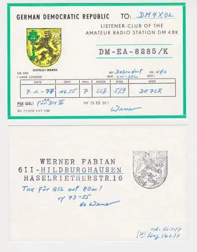 90139 QSL Karte Amateur Funker DDR Eisfeld Werra mit Ortswappen 1977