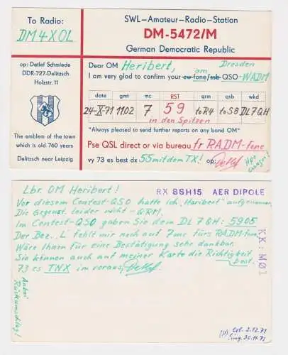 88450 QSL Karte Amateur Funker DDR Delitzsch mit Stadtwappen 1971