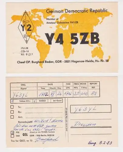 79636 QSL Karte Amateur Funker DDR Hagenow-Heide mit Weltkarte 1982