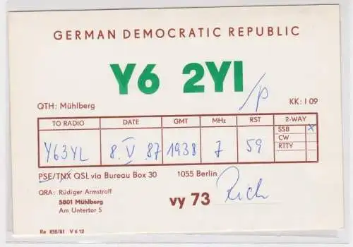 90218 QSL Karte Amateur Funker DDR Mühlberg 1987