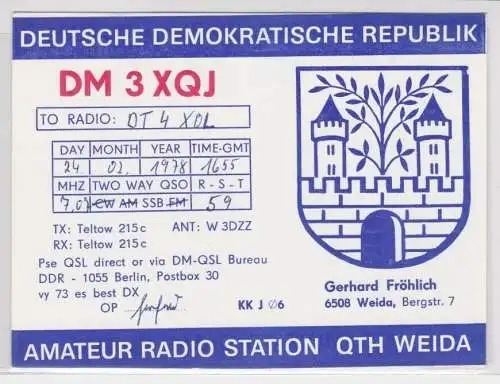 84818 QSL Karte Amateur Funker DDR Weida mit Stadtwappen 1978